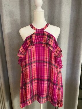 INC International Concepts Pink and Fuchsia Plaid Halter Top with Ruffle